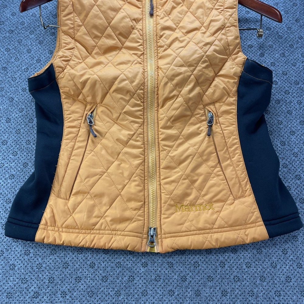 Marmot Womens S Quilted Full Zip Vest Mustard Yellow Black Stretch Side Panels - Picture 6 of 11
